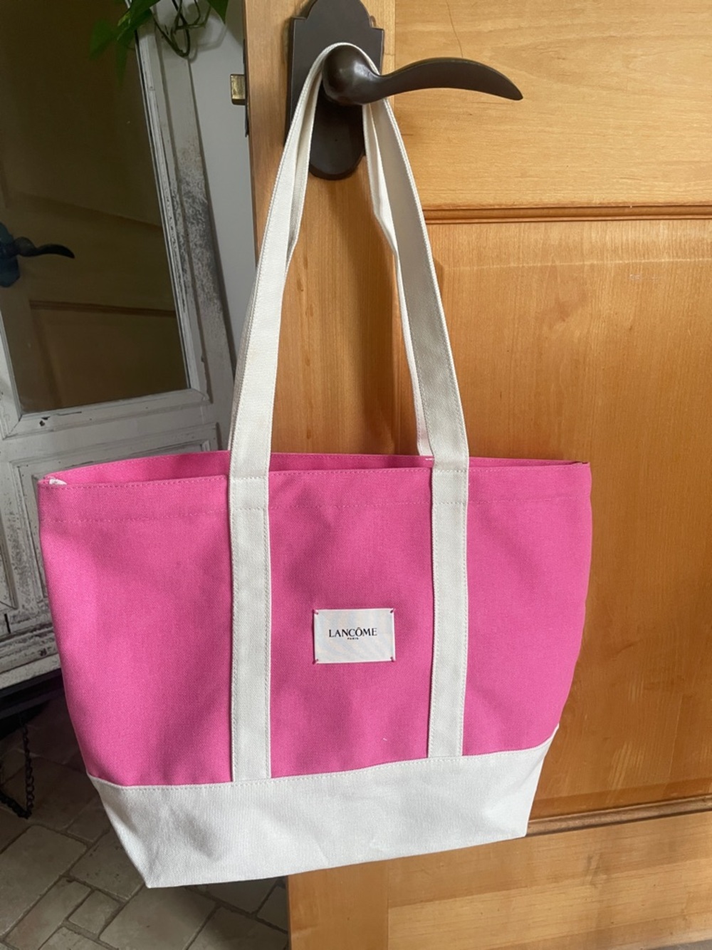 Lancôme Paris Pink and White Canvas Tote Bag Current Issue New